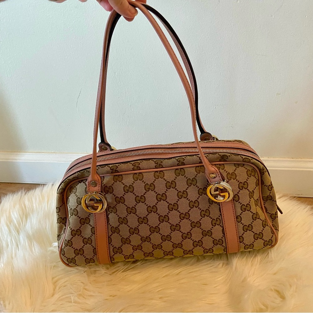 Gucci Brown GG Canvas Twins Shoulder Bag Beige/Pink